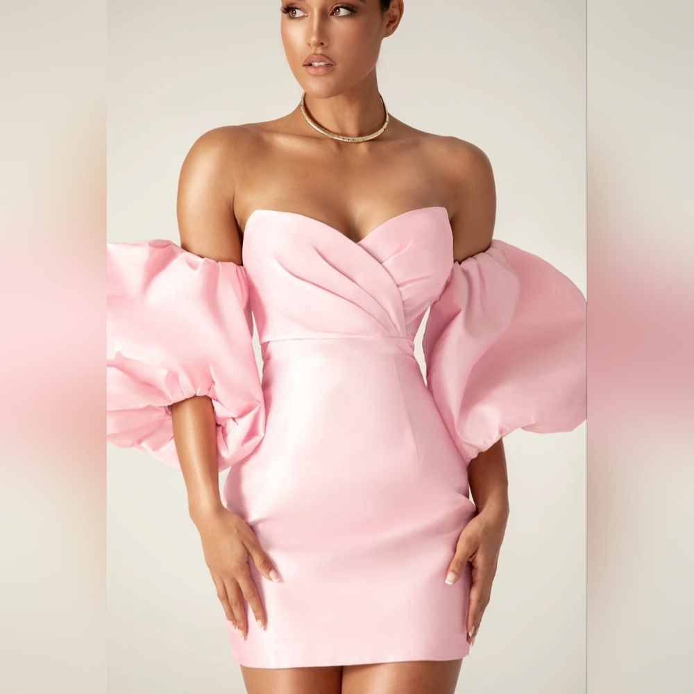 NEW Alieva Kayla Dupioni Silk Puff Sleeve Mini Dress (Soft Pink) Size Small NWT